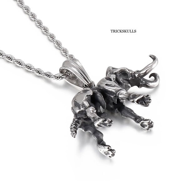 Mastodon Elephant Ghost Skeleton Skull 316 Stainless Steel Pendant 60cm Chain - Picture 9 of 11